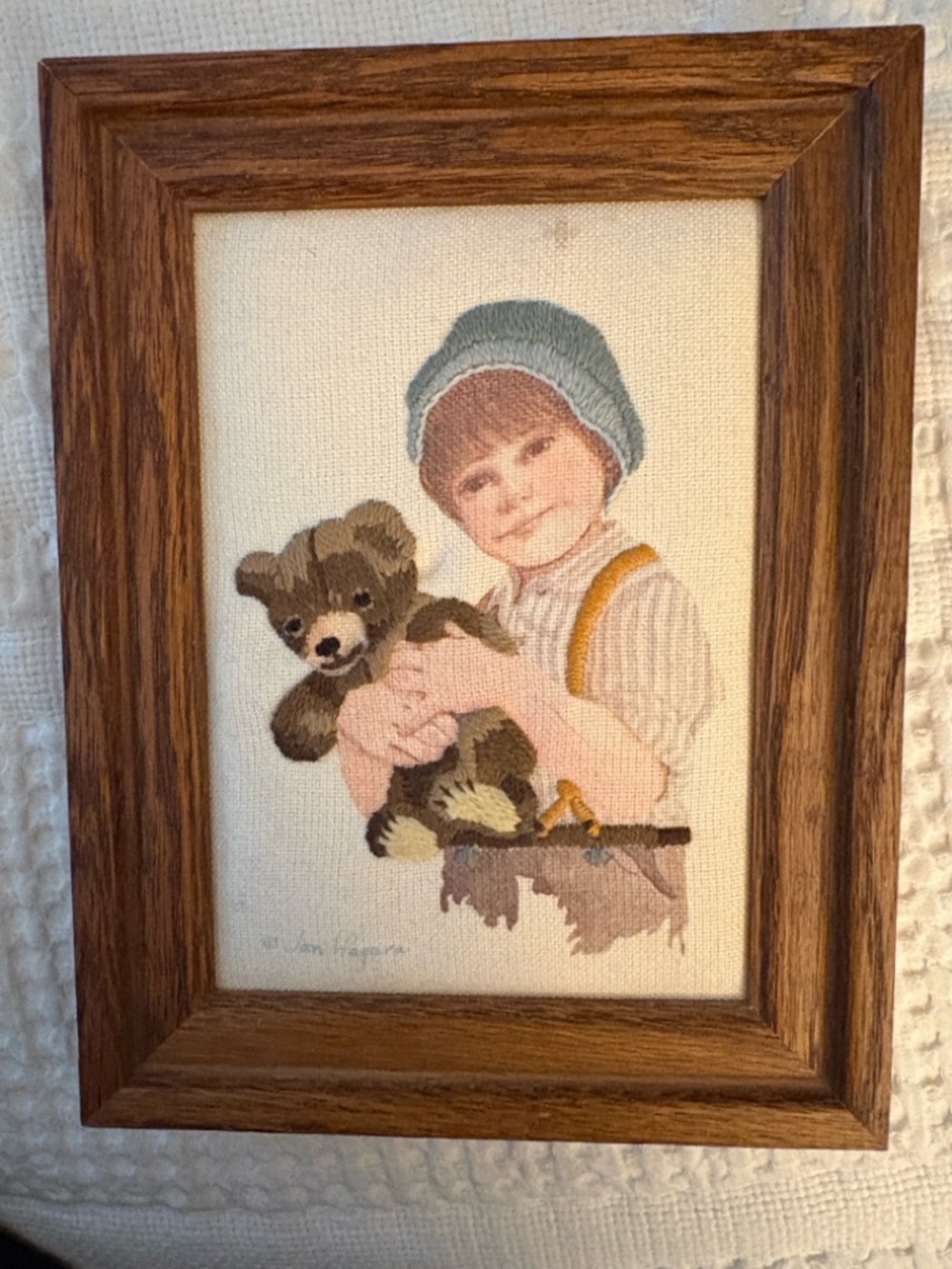 Framed Embroidered Boy with Teddy Wall Art - Blue, Brown